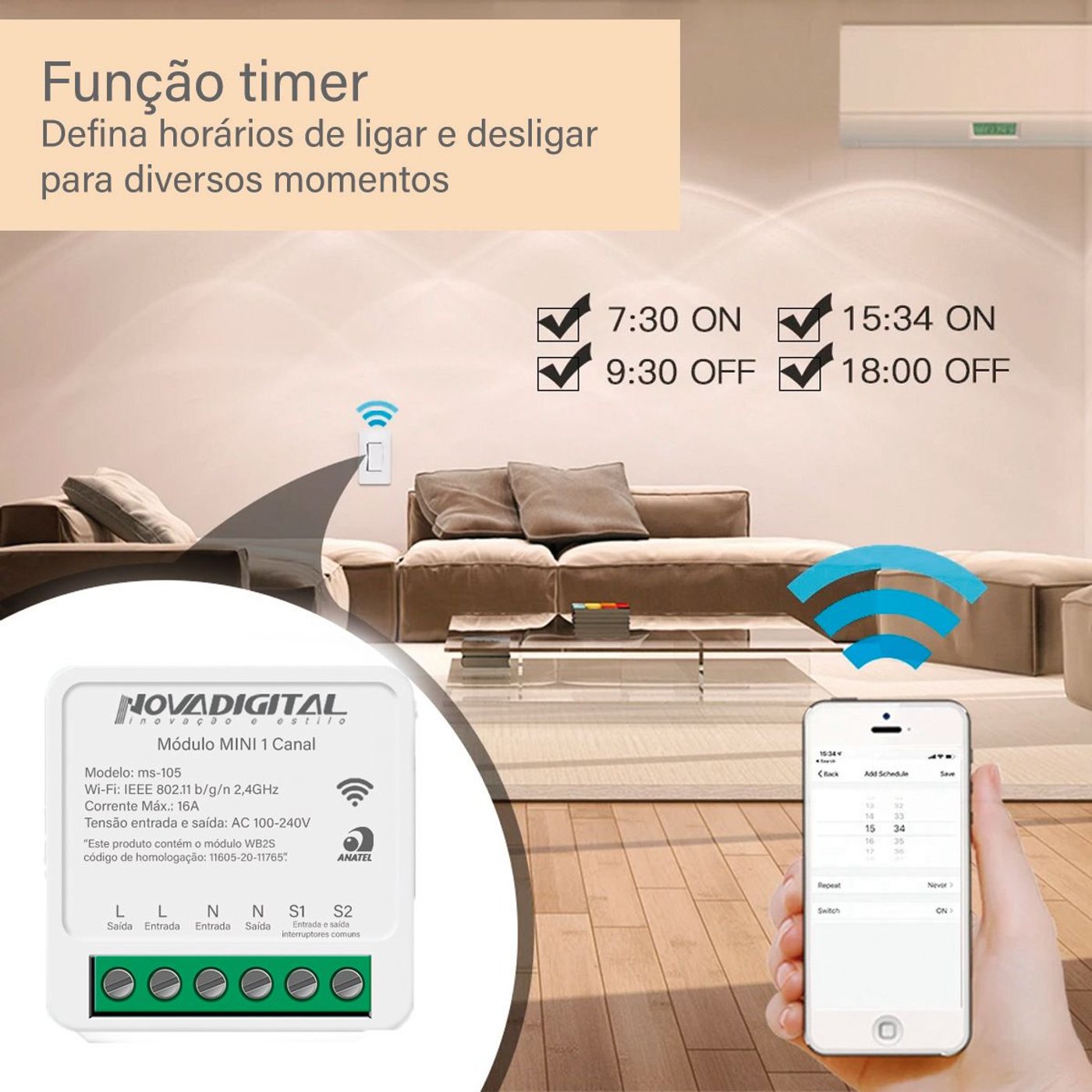 Interruptor Inteligente Tuya com Módulo Wi-Fi, Módulo de Controle