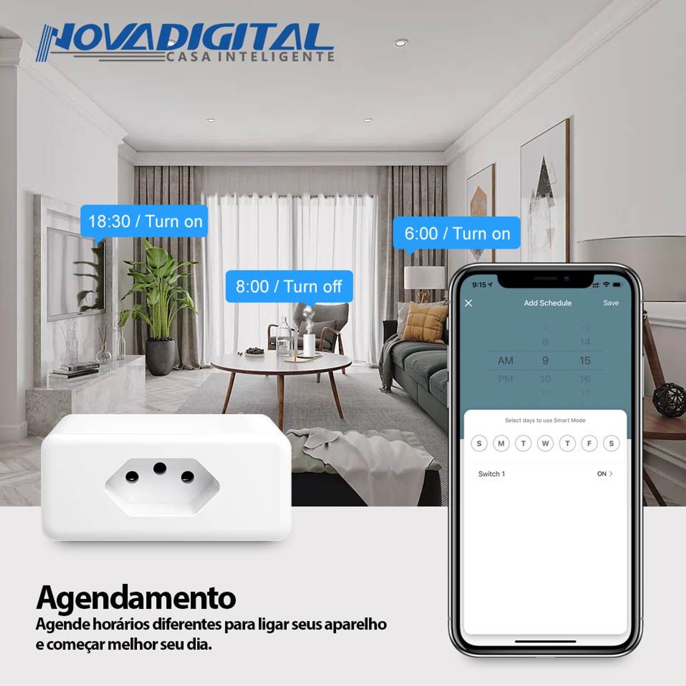 Tomacorriente Novadigital Tomada Inteligente Wi-Fi 20A Tomada Inteligente  Wifi 20A 110V 200V Bivolt Com Medidor Consumo Alexa Google A con 1 tomas  color blanco